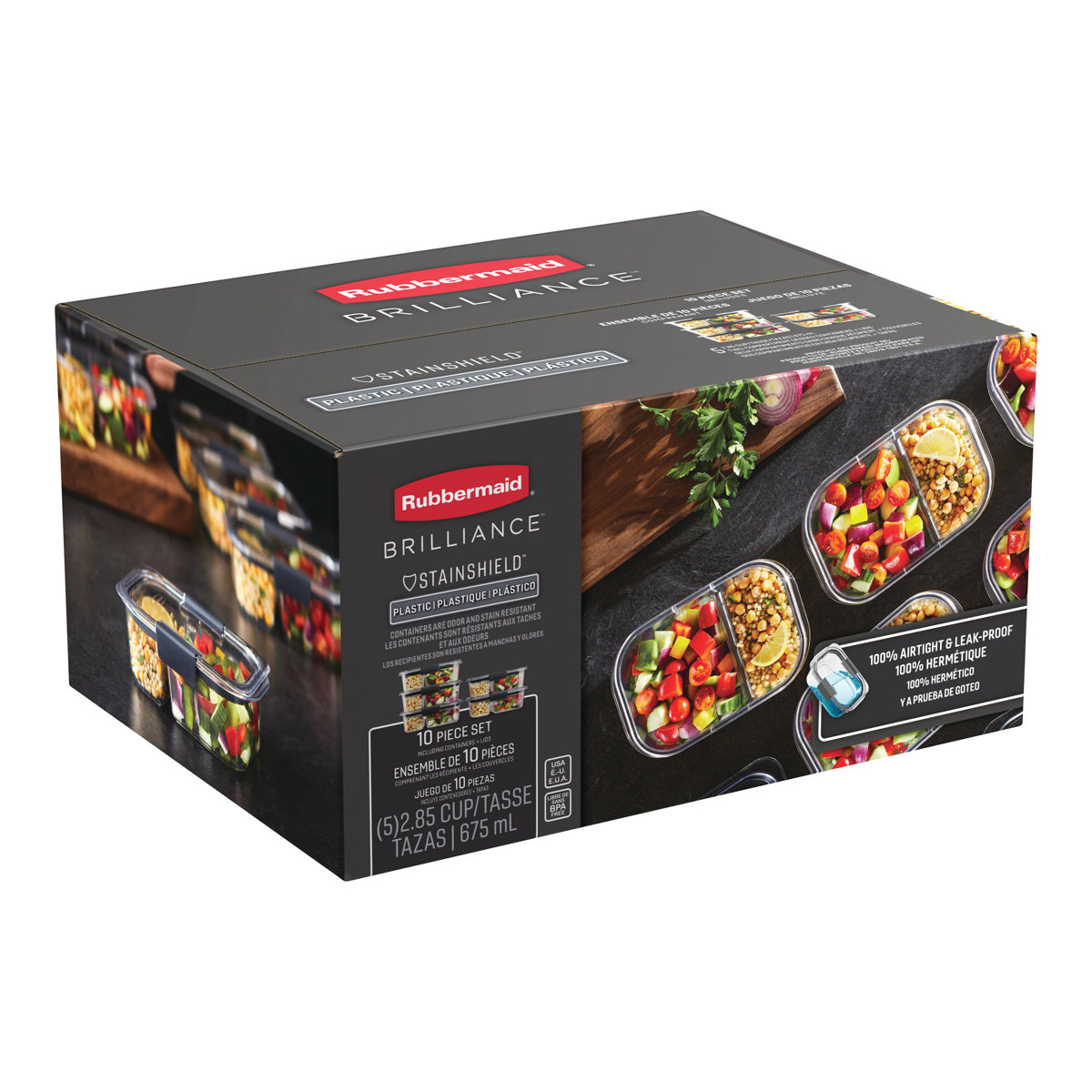 Rubbermaid Brilliance Meal Prep Containers Set, 2-Compartment, 2.85 Cup, 5-Pack